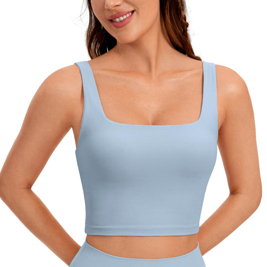 CRZ YOGA Butterluxe Womens Square Neck Longline Sports Bra - Workout Crop Tank Tops Padded with Built in Shelf Yoga Bra Cambric Blue XX-Small