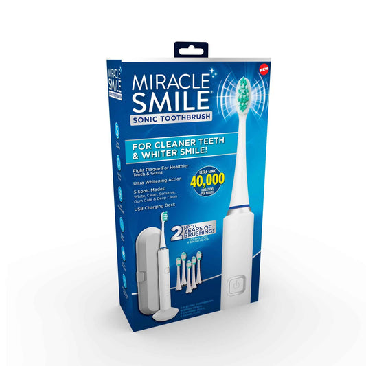 Ontel Miracle Smile Sonic Toothbrush, 40,000 VPM Electric Toothbrush with 5 Cleaning Modes, Includes 6 Brush Heads, USB Dock & Travel Case, Cordless, Water Resistant Rechargeable Toothbrush