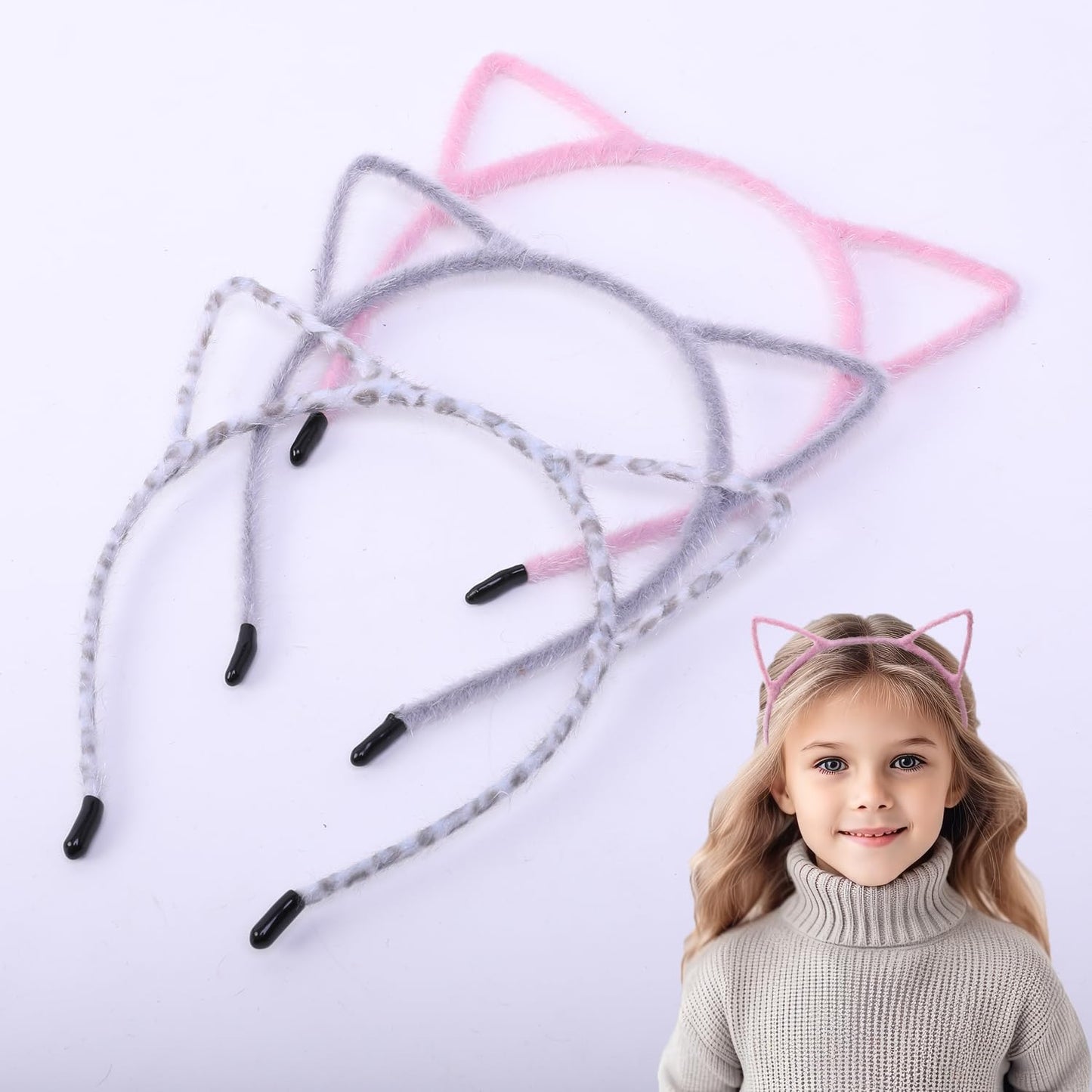 IJF 3PCS Furry Headband with Hair Hoops for Women's Cat Ear Cosplay Costume Accessories - Black