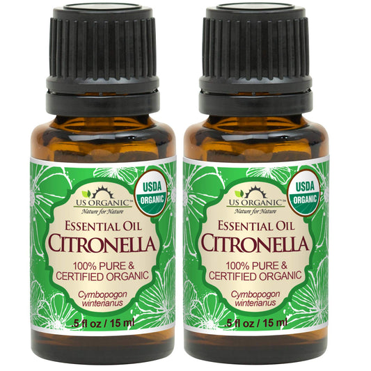 US Organic Citronella Essential Oil, USDA Certified, 100% Pure, 15 ml Pack of 2, Improved caps and droppers – Used for Skin Care, Many DIY Projects Like Candle Making and Much More