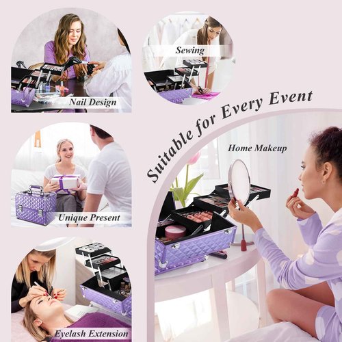 Frenessa Makeup Train Case 12 Inch Portable Cosmetic Case - 6 Tier Professional Makeup Storage Box Organiser Box Make Up Carrier with Lockable Keys Travel Case for Women and Girls - Purple