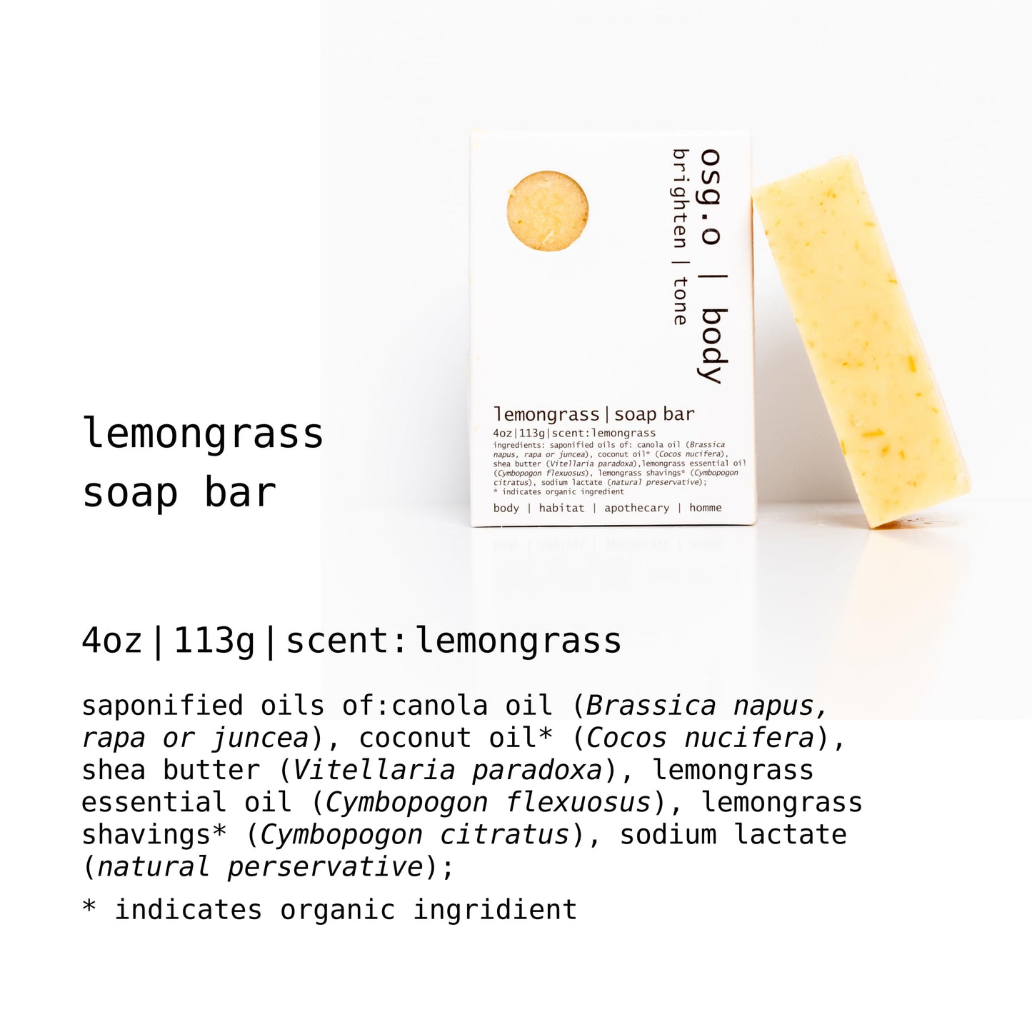 Natural Organic Soap Bar with Lemongrass for Face and Body, Organic Lemon Grass Shavings and Shea Butter, Coconut Oil and Essential Oils, 4oz Per Bar