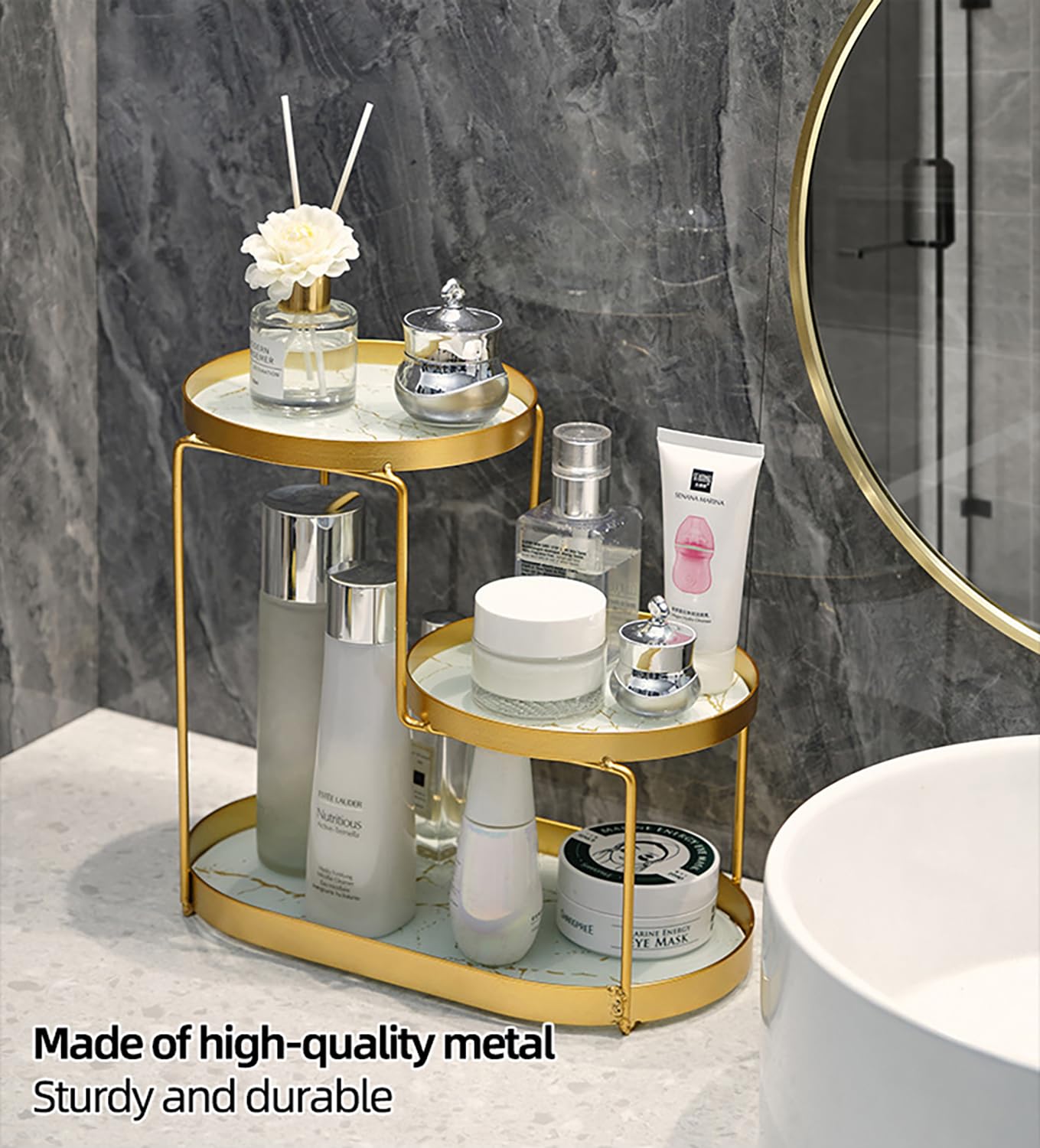 Metal Makeup Organizer for Vanity,Gold Perfume Organizer for Dresser- 3 Tier,Bathroom Countertop Skincare Organizer, Makeup Counter Shelf Perfume Holder Rack,Cosmetic Display Case (Gold, 3 Tier)