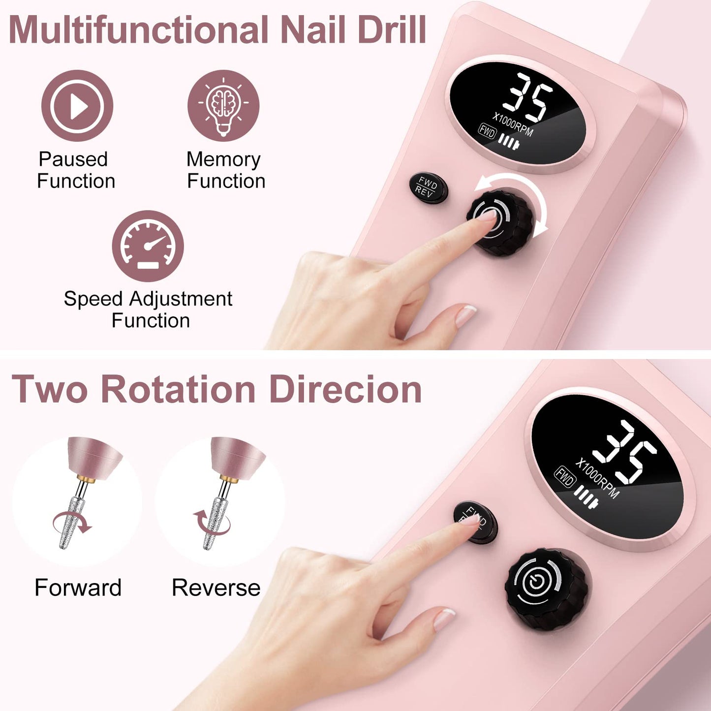 Electric Nail Drill, Urbuti 35000RPM Professional Nail Drill Machine, Portable Rechargeable File Machine Set for Acrylic Gel Nails, Manicure Pedicure Tools for Home and Salon Use(Pink)