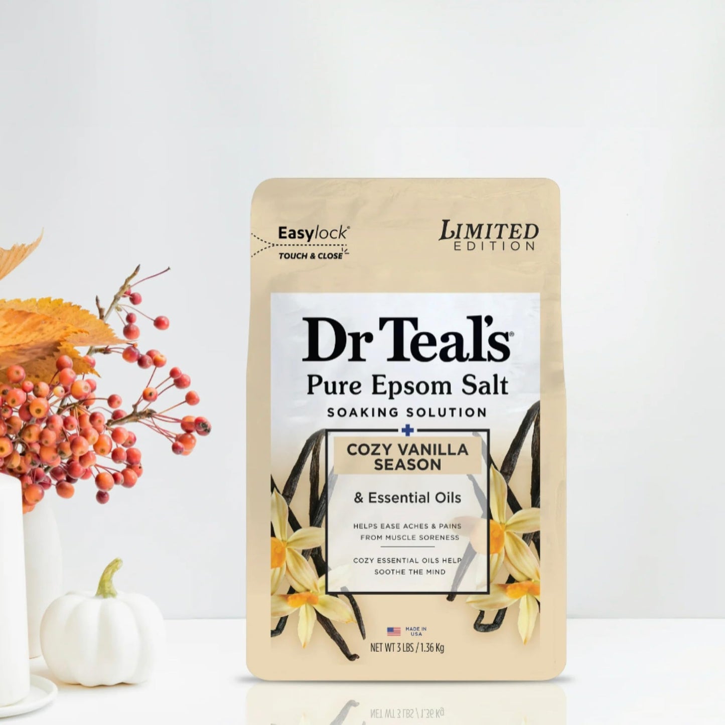 Dr Teal's Warm Autumn Comfort Pure Epsom Salt Soak, 3 lbs | 2-Pack of Limited Edition Seasonal Scent (Cozy Vanilla)