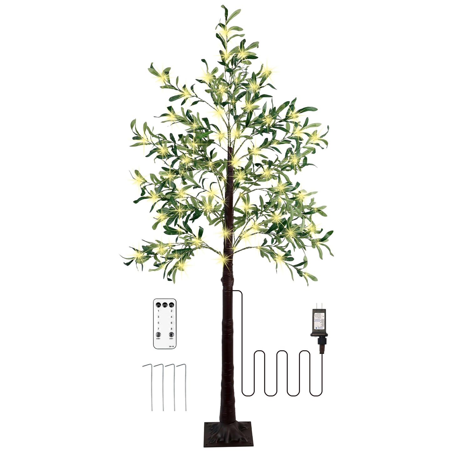 KOL 6FT Artificial Olive Tree with 300 Warm White LED Lights, Indoor Outdoor, Waterproof, 8 Flash Modes, 4 Brightness Adjustments, Timing Function, Easy Assembly, Satisfied Service