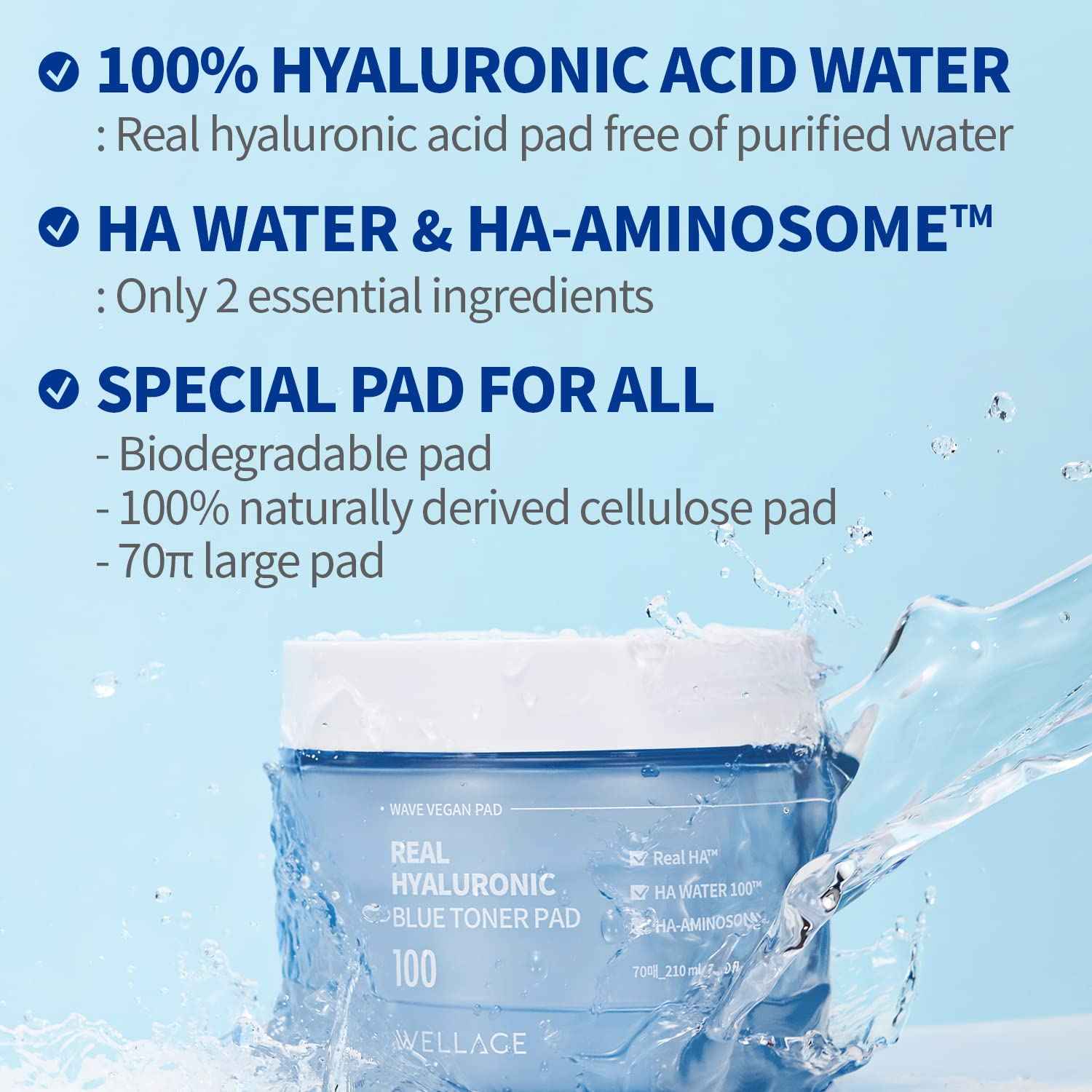 WELLAGE Real Hyaluronic Blue Toner Pad – Korean Skincare Zero Pore Facial Pads 70 Sheets, Hyaluronic Water Jojoba, Quick Soothing & Moisturizing - Hypoallergenic Exfoliating for Skin Smooth