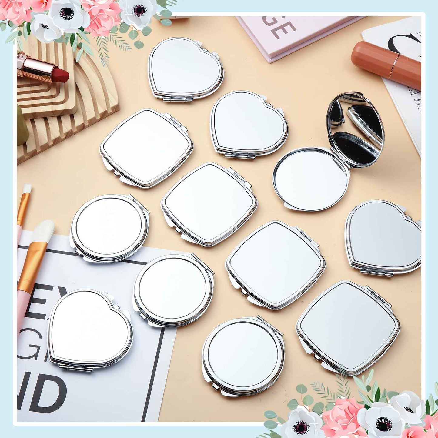Jetec 18 Pcs Sublimation Blanks Products Small Compact Mirror Bulk Heat Transfer Folding Pocket Makeup Mirror Heart Round Square Double Sided Handheld Sublimation Mirror for Women Gift Purse Travel