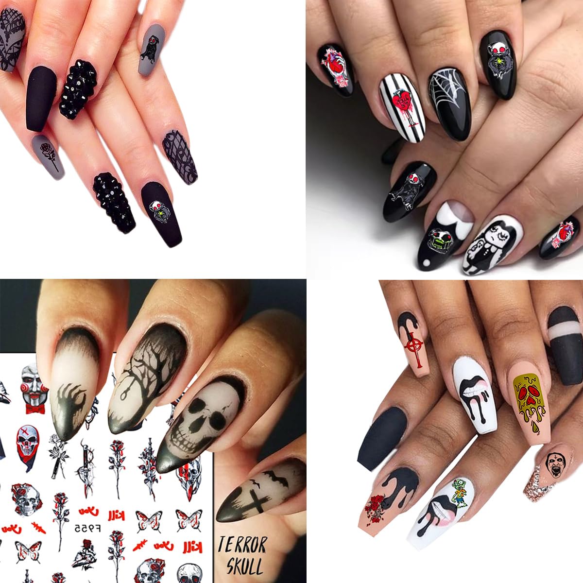 10Sheets Halloween Nails Art Stickers Decals Scary Ghost Nail Art DIY Rose Butterflies Nail Design Halloween Gothic Bloody Eye Nail Stickers Decals for Women Girls Manicure Decoration Supplies.