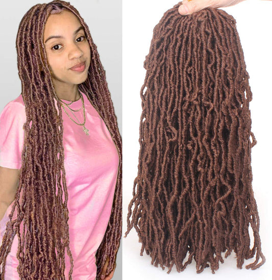 Leeven 18 Inch 2 Packs Synthetic New Soft Locs Crochet Hair 36 Roots 30# Messy Faux Locs Crochet Braids Hair For Women Brown Curly Goddess Soft Locs Afro Roots Hair Extensions