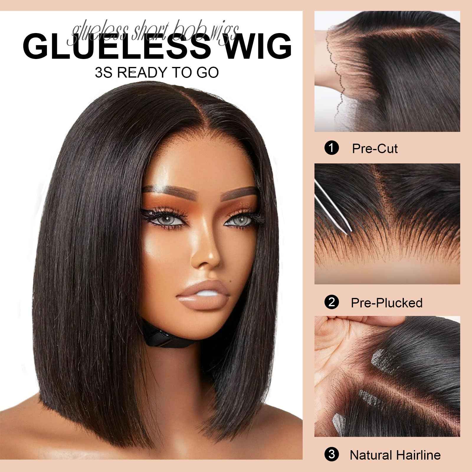 CAREKISS Bob Glueless Wigs Human Hair Pre Plucked Pre Cut 150 Density Wear and Go Glueless Wig 4x4 HD Straight Lace Closure Bob Wigs for Black Women 14inch