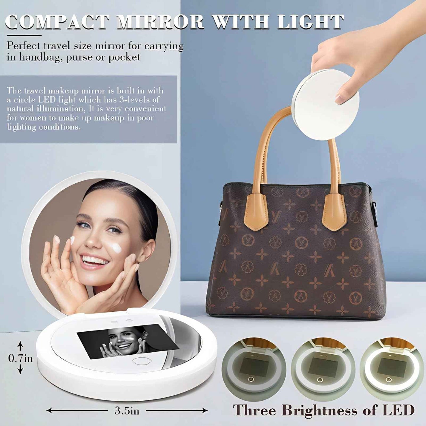 BONKZEBU Travel Mirror with Light,Intelligent Touch Control Brightness Adjustment Compact Mirror with Light,UV Camera Lens Testing Travel Mirror with Magnification,for Makeup Removal