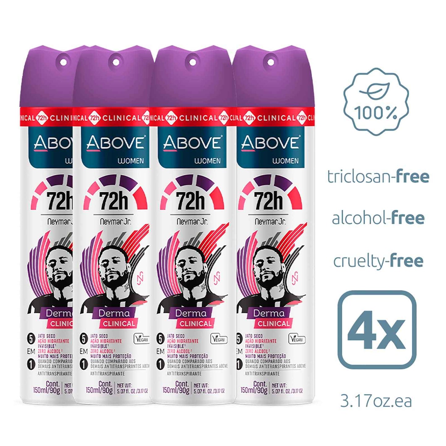 ABOVE 72 Hours Derma Clinical Antiperspirant Deodorant, Neymar Jr Women, 4 Pcs - Deodorant for Men - Mandarin, Cocoa, and Vanilla Notes - Dry Spray