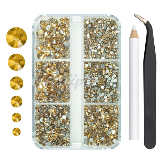 qiipii 2550pcs Champagne Golden Nail Art Flatback Rhinestones for Face Makeup Gold Nail Gems Gemstones K9 Glass SS4~SS20 6 Sizes Bling Diamonds Stones w Tweezer & Picking Pen for Nails DIY Craft