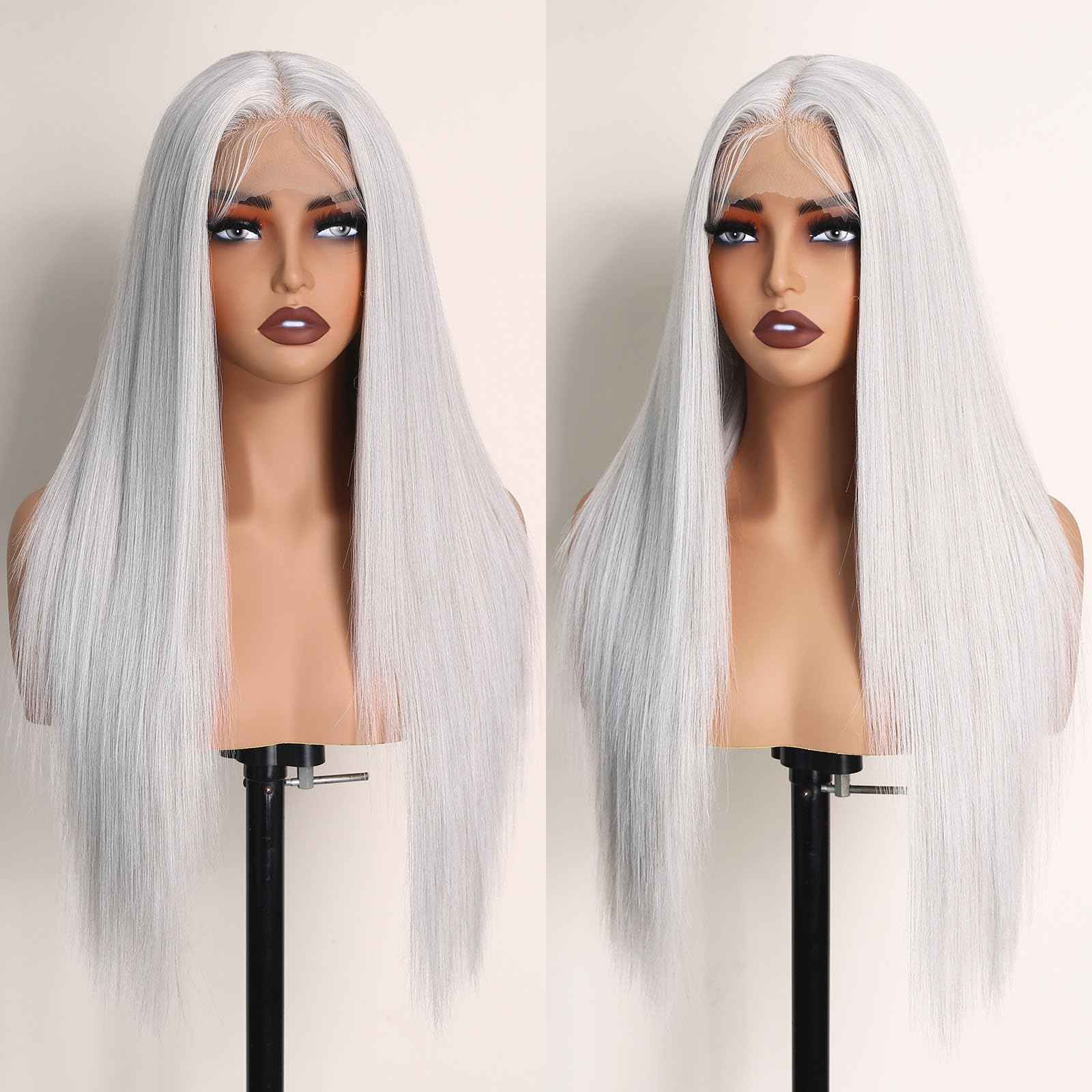 X-TRESS White Blonde Light Grey Glueless Lace Front Wig Pre Plucked Middle Part Straight Synthetic Lace Frontal Wigs 26 Inch Platinum Blonde Wigs
