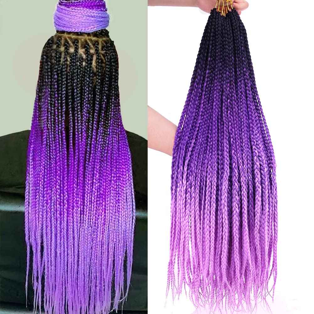 Purple Crochet Box Braids Pre Looped Box Braids Crochet Hair for Black Women 3X Goddess Braid Crochet Hair 6 Packs 24 Inch Knotless Straight Braiding Hair Extensions(T1/Purple/Light Purple#)