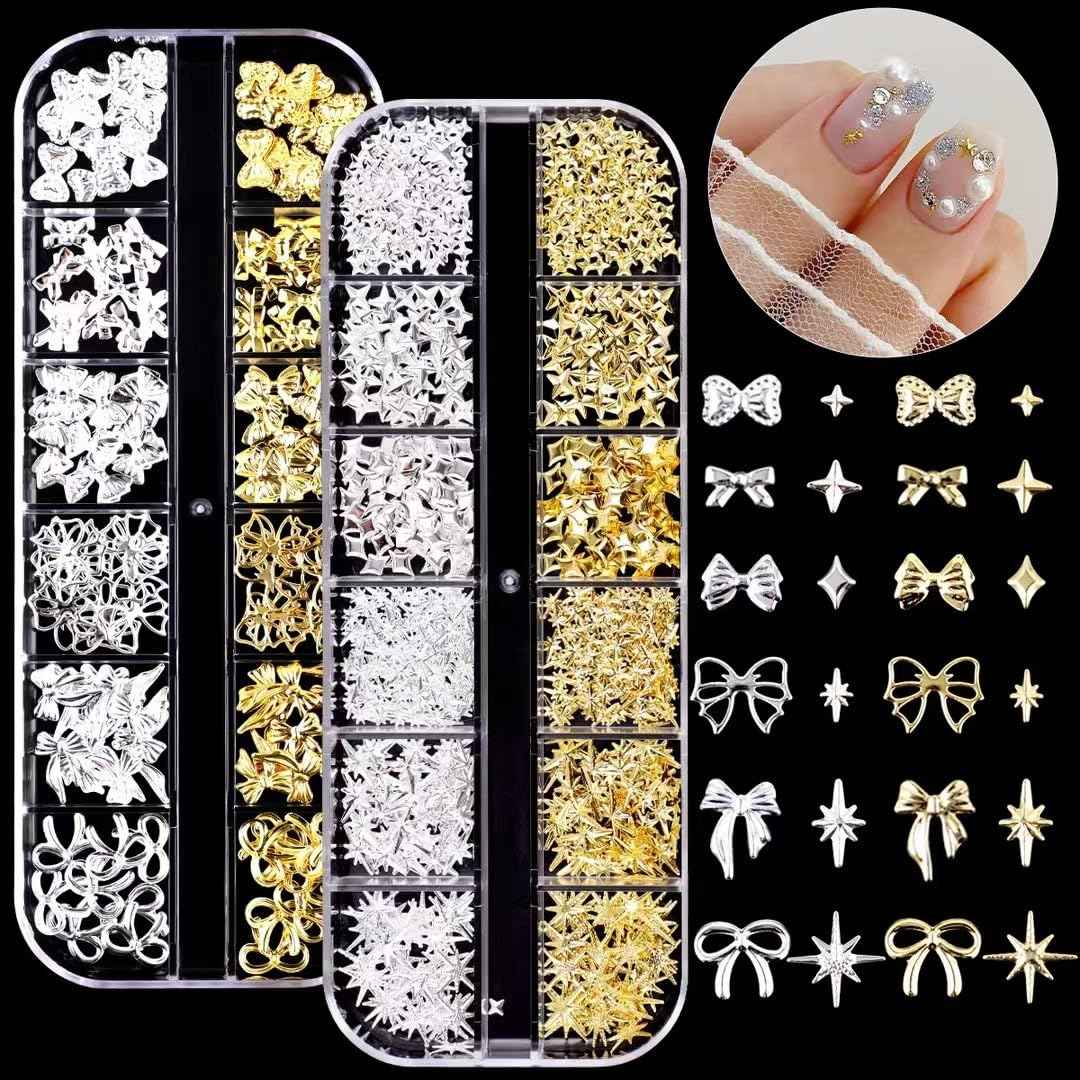 COOSLIM 150PCS Gold Bow Nail Charm 3D Silver Nail Bows 12 Styles Mini Alloy Bowknot Diamonds Butterfly Gems Christmas Wedding Prom Crystal Rhinestones Decoration for Women Girls Crafts DIY 4