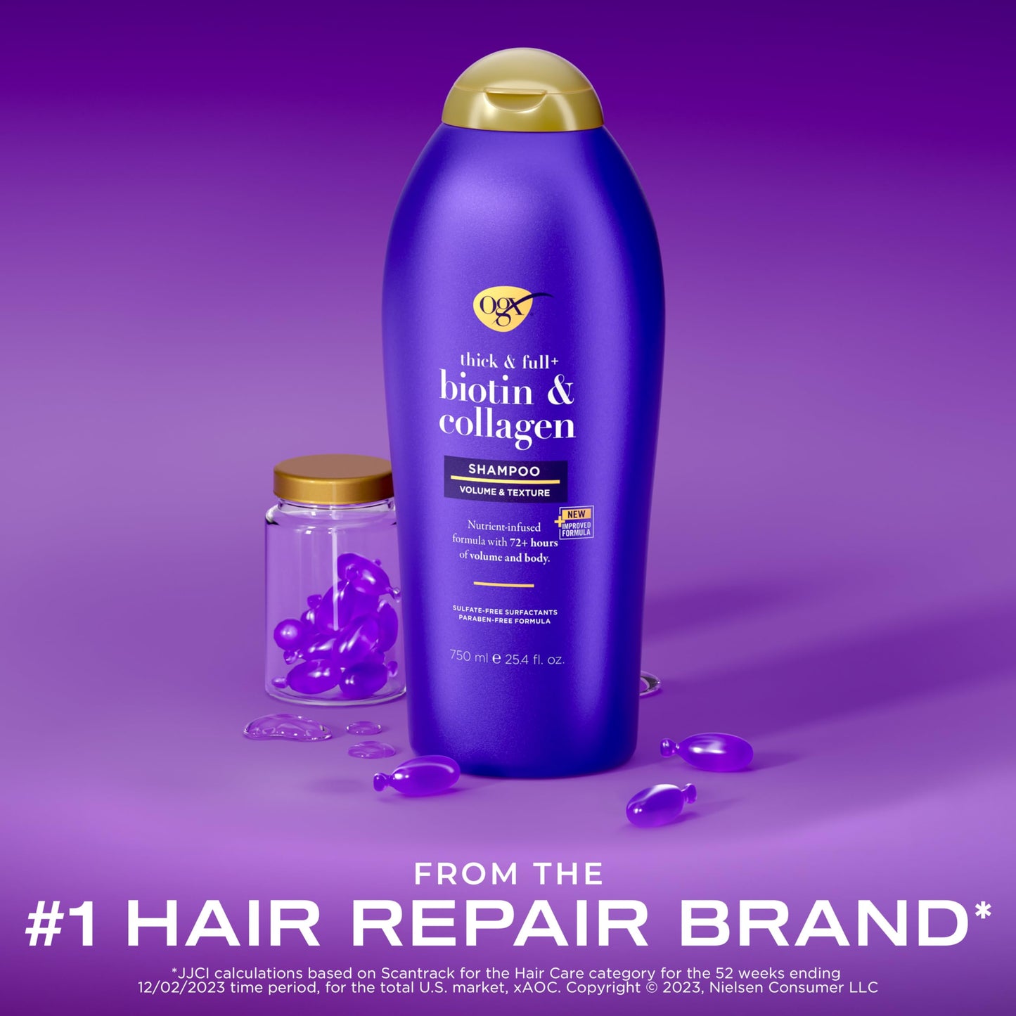 OGX Thick & Full + Biotin & Collagen Volumizing Shampoo, Nutrient-Infused Hair Shampoo with Vitamin B7 Biotin Gives Hair Volume & Body for 72+ Hours, Sulfate-Free Surfactants, 25.4 fl. oz