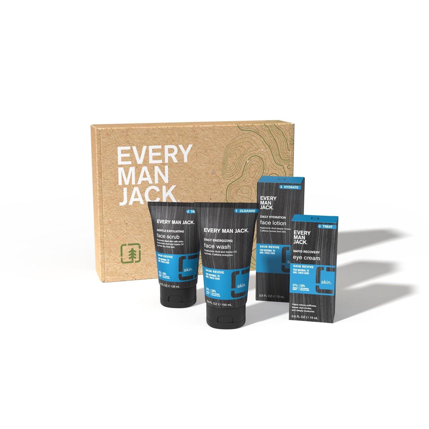 Every Man Jack Men's 4-Piece Fragrance Free Skin Care Set - Face Wash, Scrub, Lotion, Eye Cream