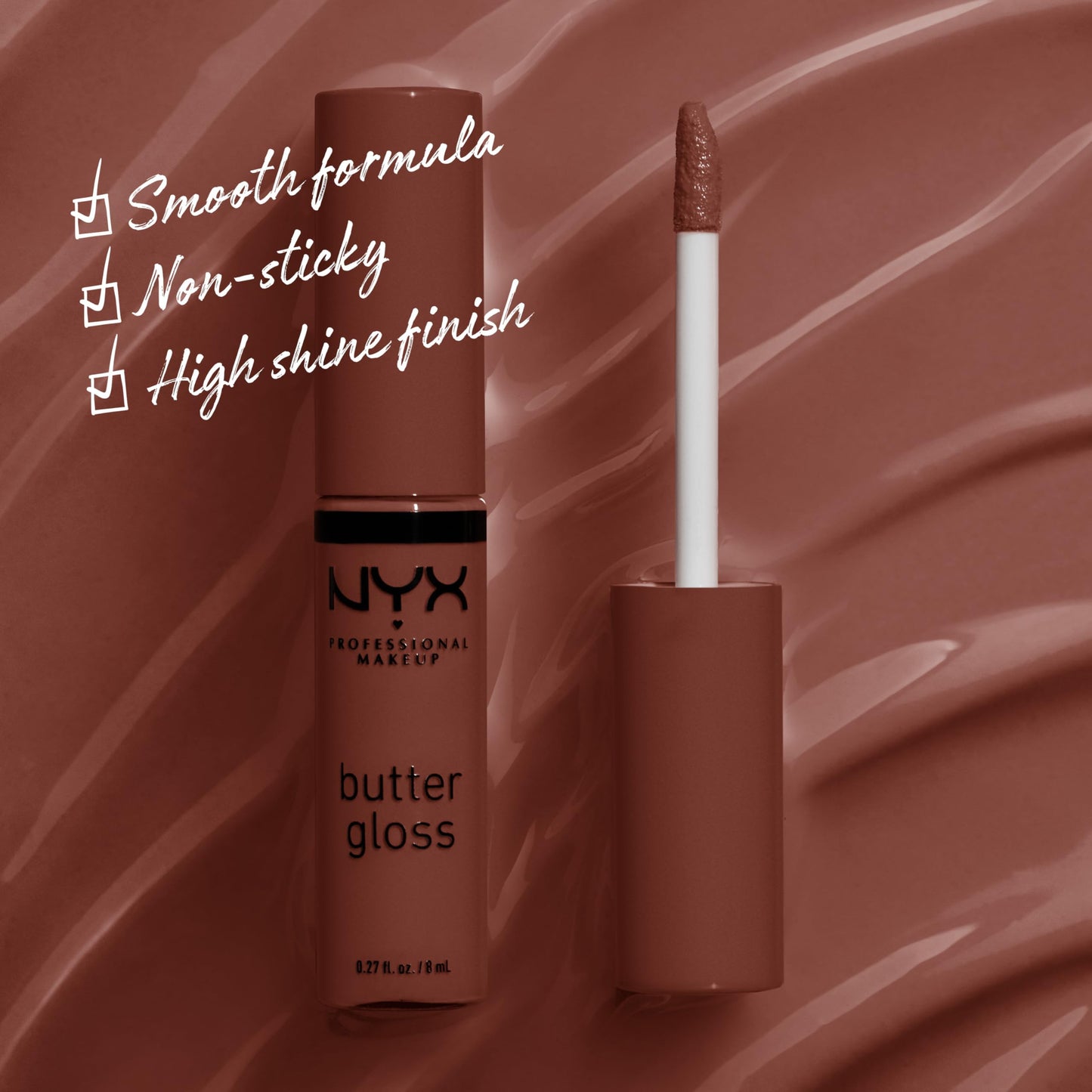 NYX PROFESSIONAL MAKEUP Butter Gloss Brown Sugar, Non-Sticky Lip Gloss - Brownie Drip (Deep Brown)