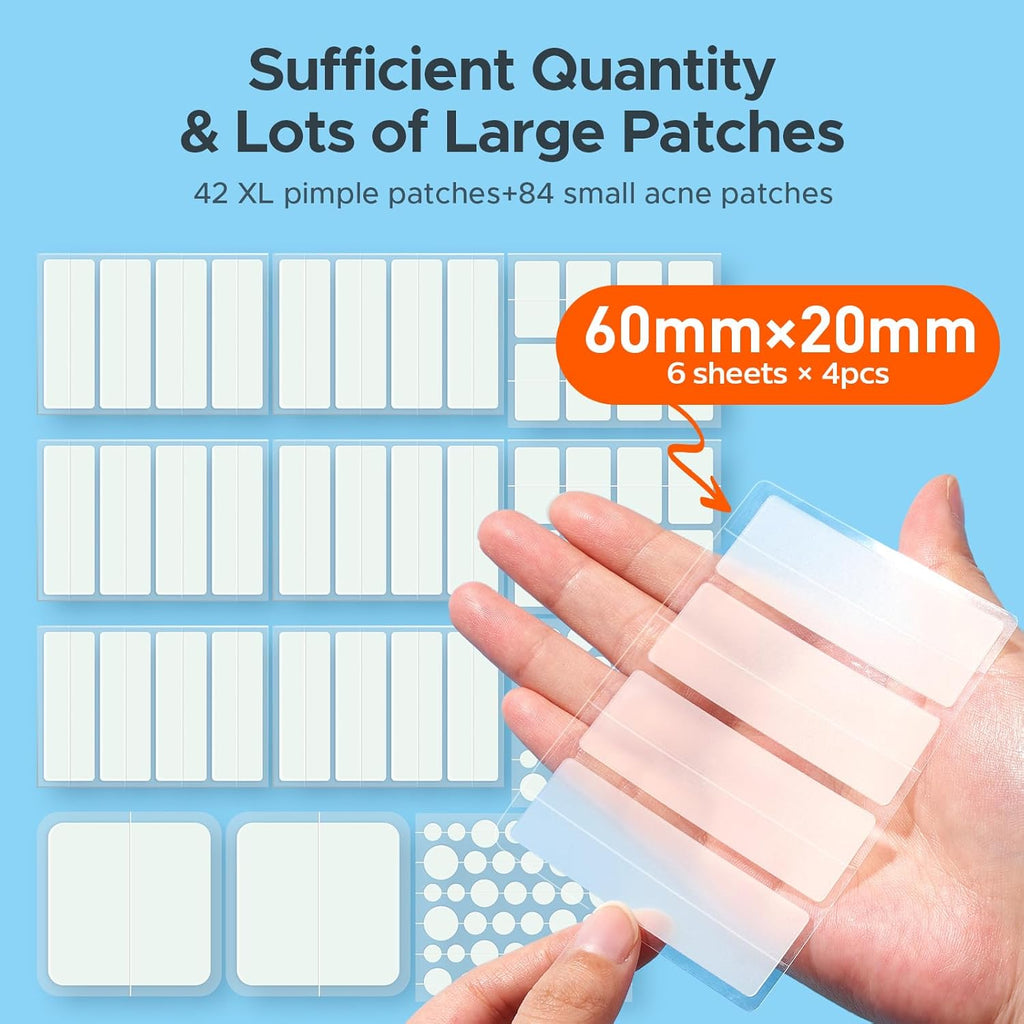 TKTK Large Pimple Patches for Face, 7 Sizes XL Acne Patches, Big Hydrocolloid Bandages for Body, Chin, Forehead, Chest, Back Zit Breakouts, Hydrocolloid Patch (Strip, Square, Dot 302 Count)