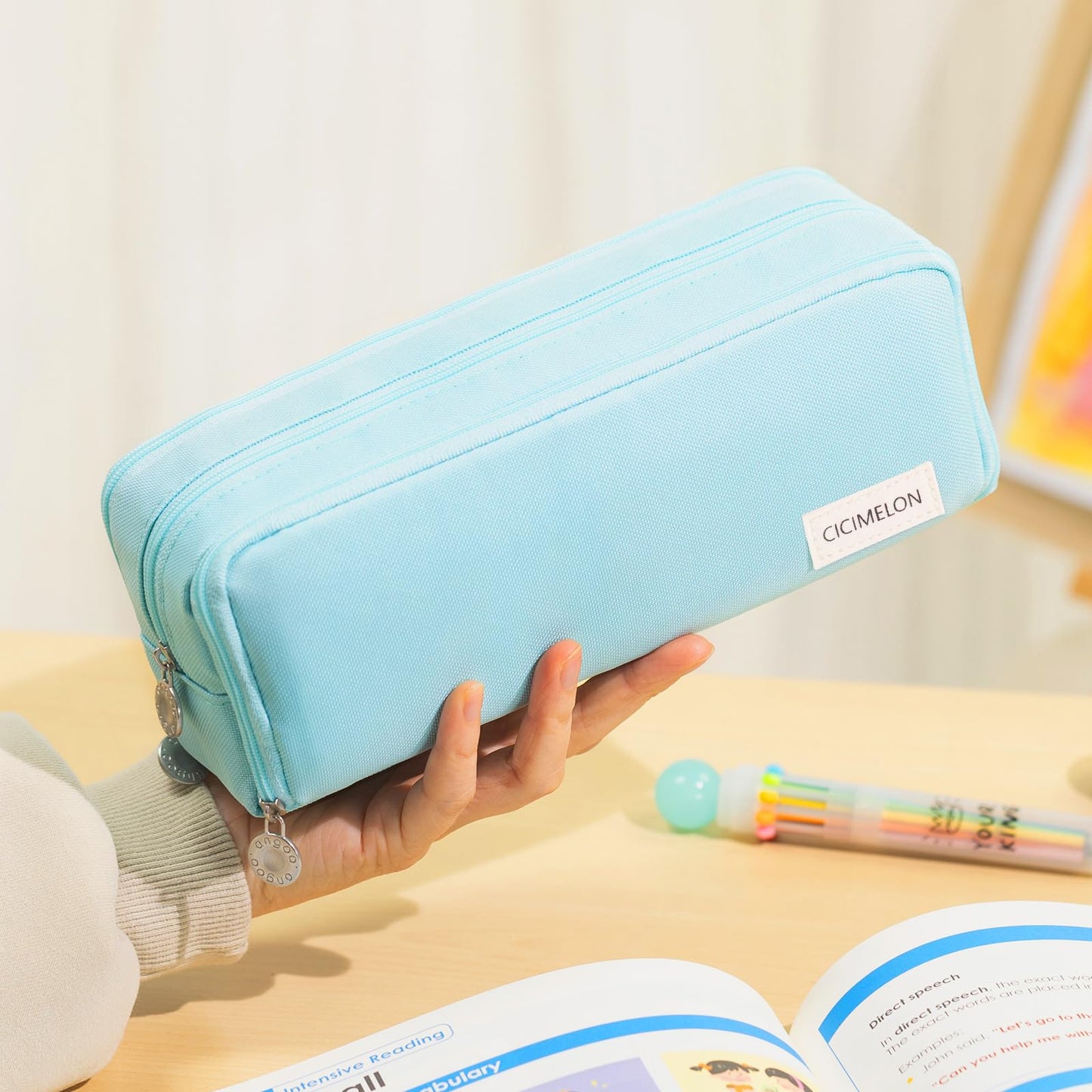 CICIMELON Pencil Case Large Capacity Pencil Pouch 3 Compartments Pencil Bag Gift for Students Girls Adults Women (Light Blue)