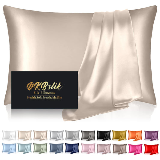 Silk Pillowcase for Hair and Skin, Mulberry Silk Pillow Cases Standard Size, Cooling Sleep Both Sides Natural Silk Satin Pillow Covers with Hidden Zipper, Gifts for Women Men, Champagne