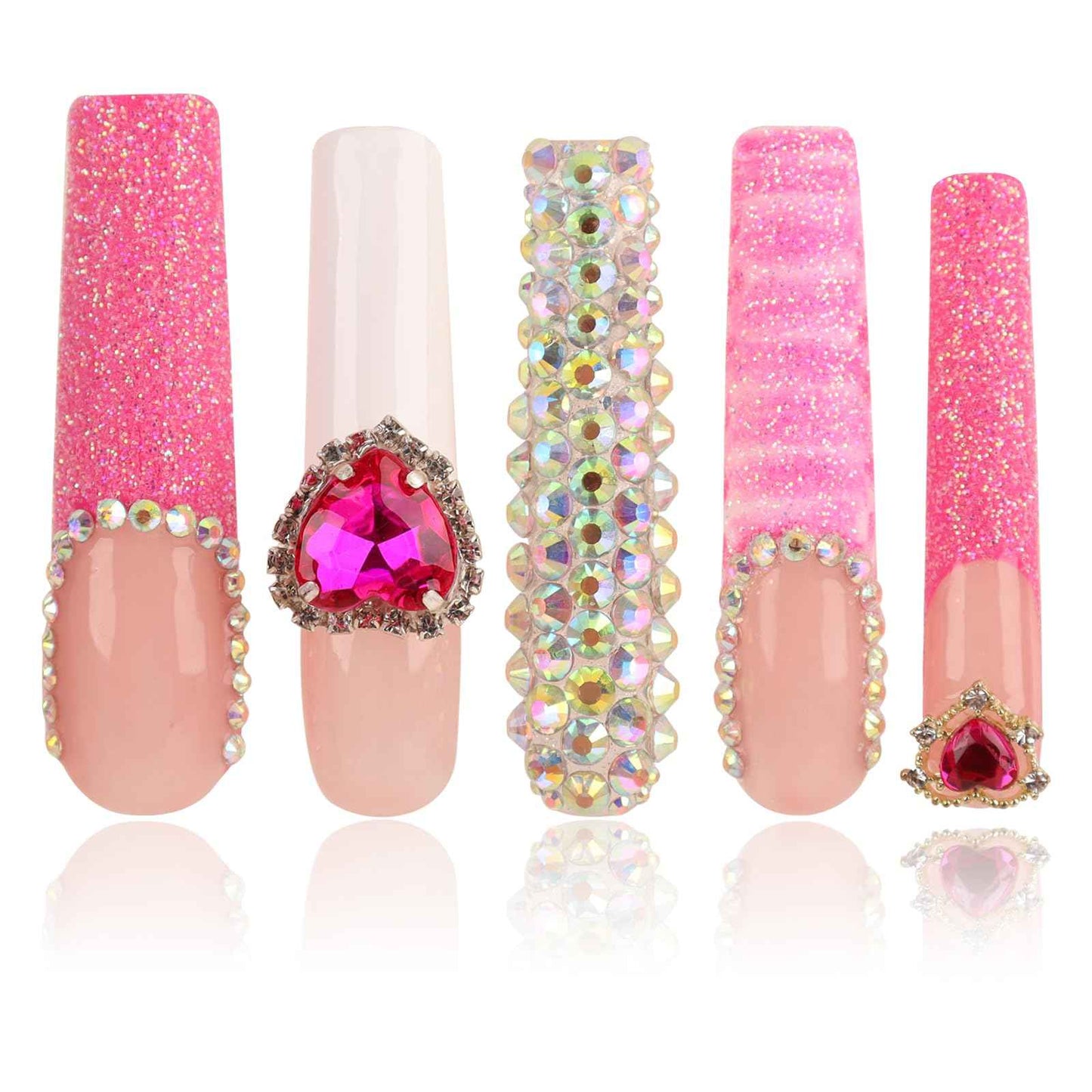 Handmade Long Acrylic Nail Tips, Pink Press on Nails with Full Covered Crystals, Fake Luxury Diamond Nails, Long Square False Nails, Gifts for Women, Reusable Stick On Nails 10Pcs,Hot pink Size M