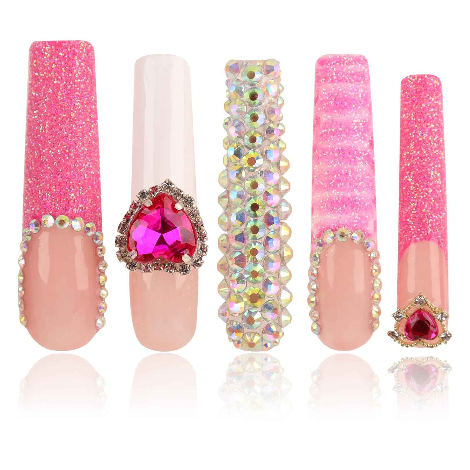 Handmade Long Acrylic Nail Tips, Pink Press on Nails with Full Covered Crystals, Fake Luxury Diamond Nails, Long Square False Nails, Gifts for Women, Reusable Stick On Nails 10Pcs,Hot pink Size M