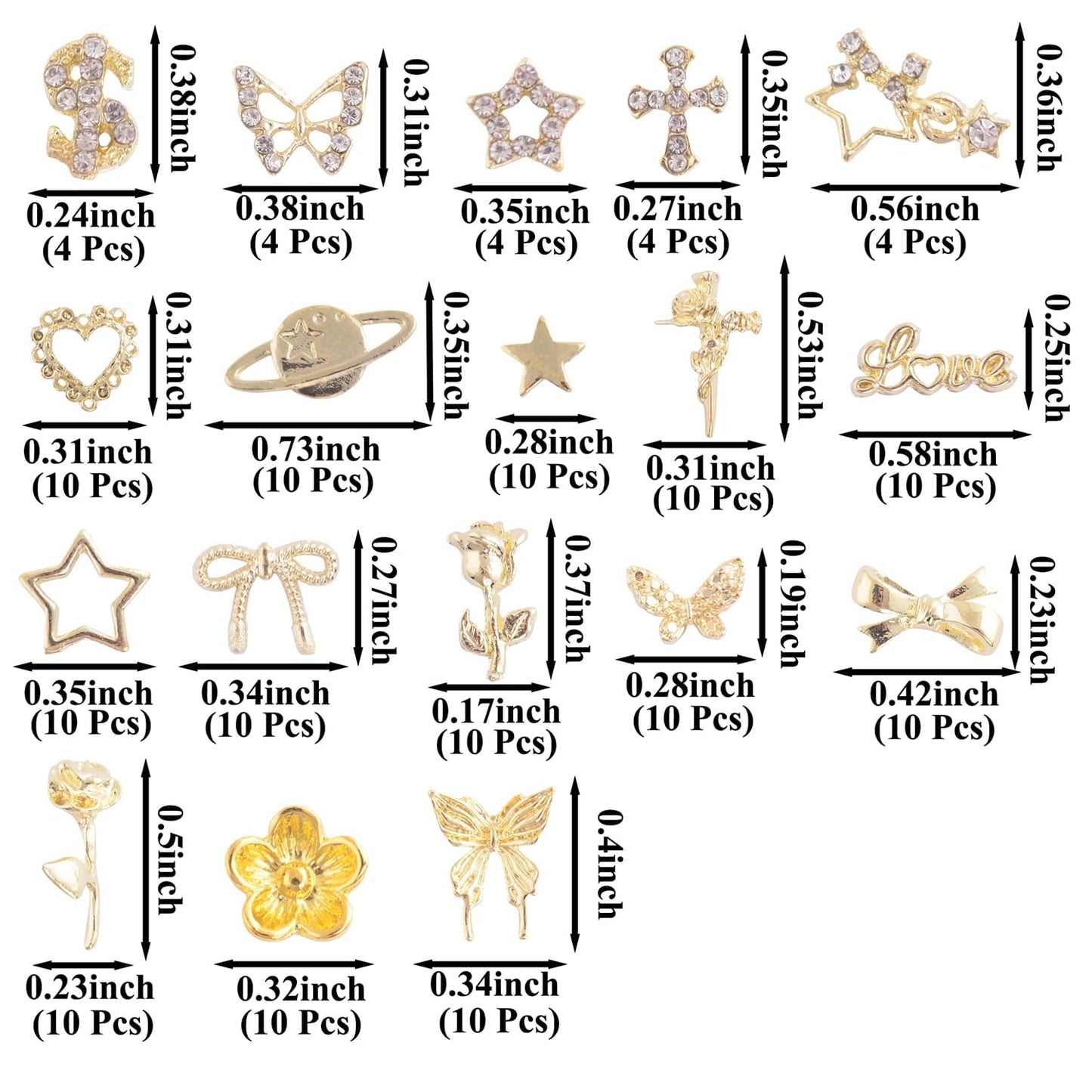 Gold Nail Charms Bulk 150pcs 3D Nail Art Charms Kit, Nail Charms Butterfly Bow Cross Star Heart Flower Nail Charms and Gems Y2K,Metal Nail Rhinestone and Charms (Gold Nail Charms mix)