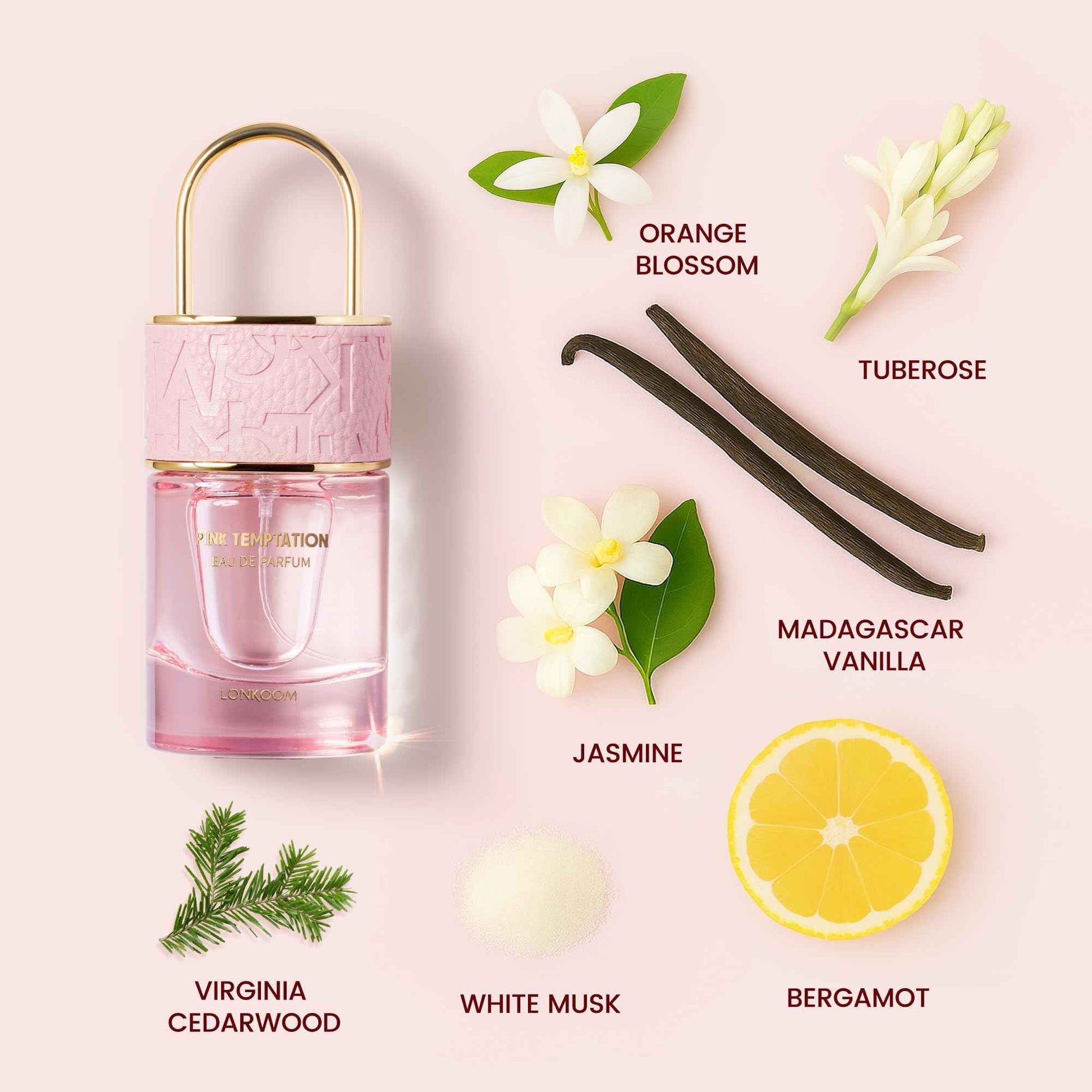 Lonkoom Lock Pink Temptation Perfumes for Women, Floral Woody Eau De Parfum Spray Long-Lasting Fragrance Ladies Perfume 1.7 Fl Oz/50ml, Notes of Bergamot Jasmine Vanilla Cedarwood Musk