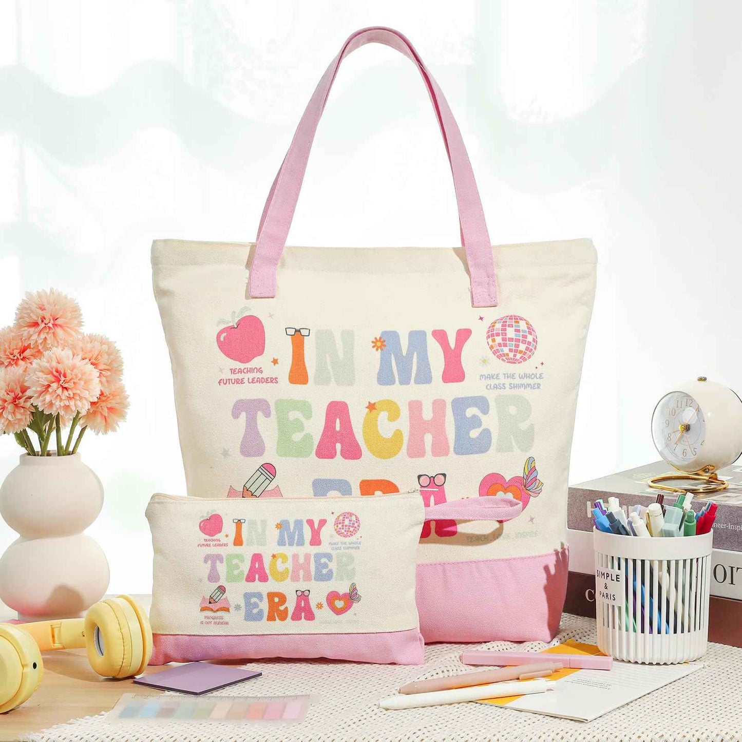 Aileam 2 Pcs Teacher Appreciation Gift Set Canvas Tote Bag Makeup Bag Thank You Teacher Gift Graduation Christmas Reusable Beach Shopping Pink