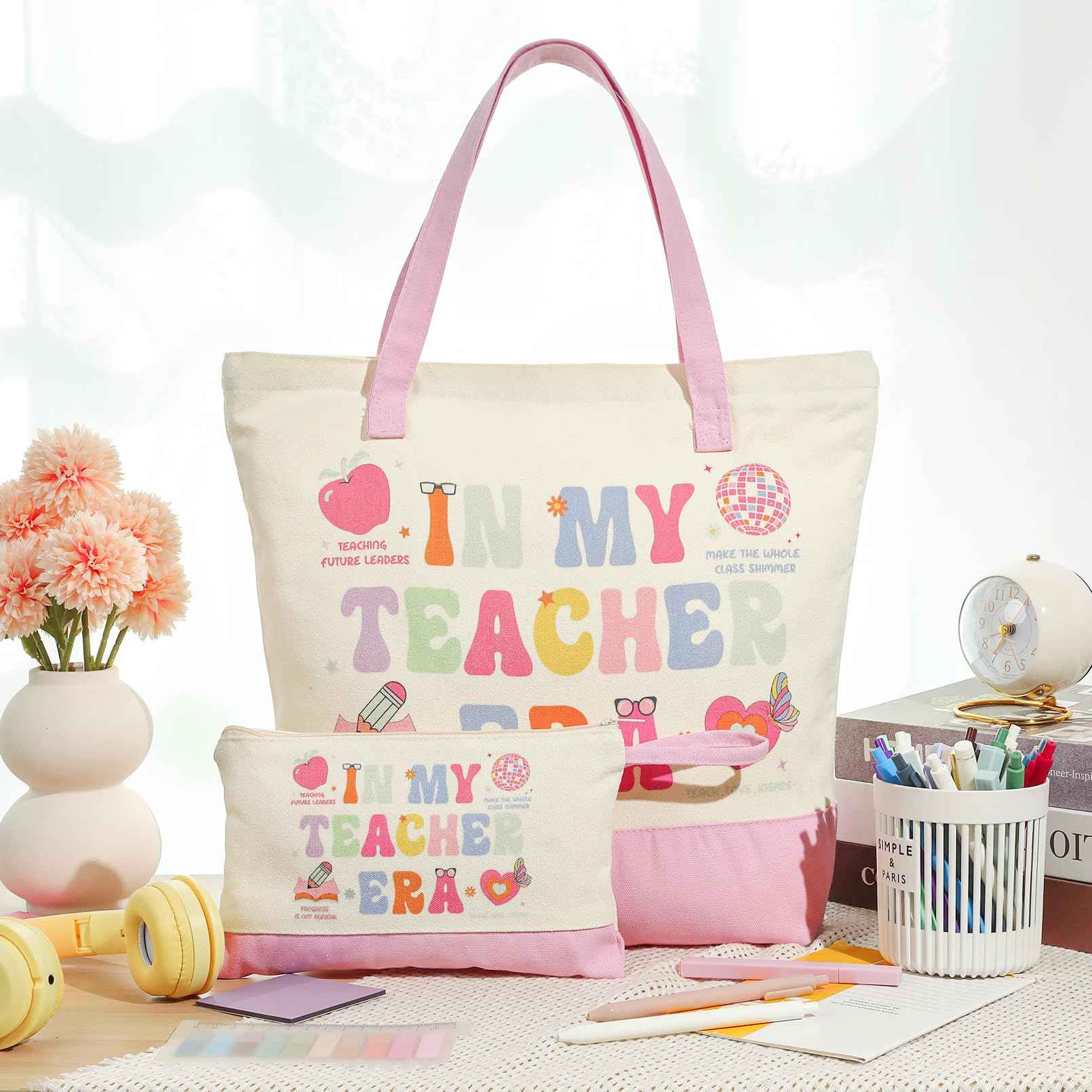 Aileam 2 Pcs Teacher Appreciation Gift Set Canvas Tote Bag Makeup Bag Thank You Teacher Gift Graduation Christmas Reusable Beach Shopping Pink