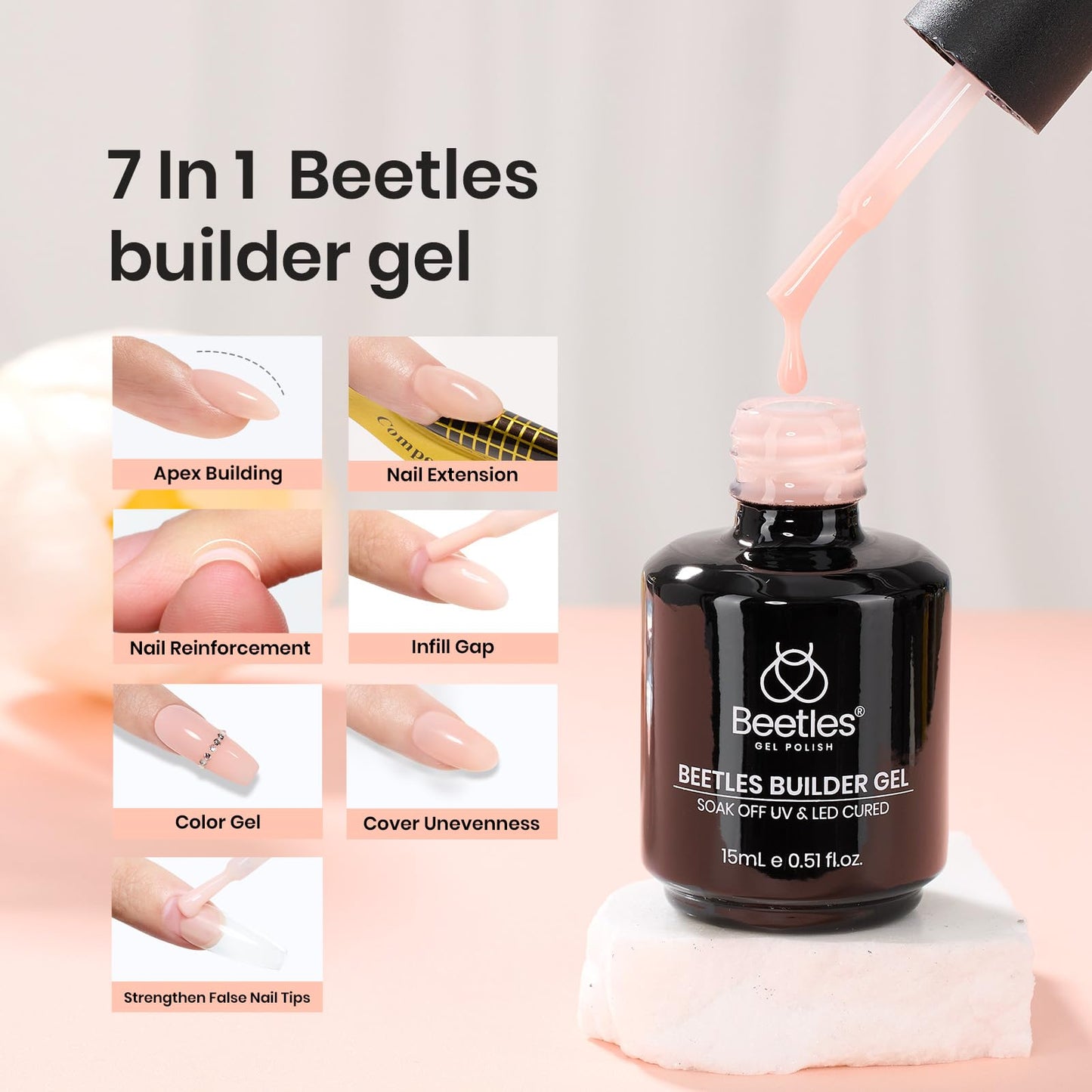 Beetles Builder Gel for Nails, 5 in 1 Builder Strengthener Gel Nude Color Jelly Gel Beige Gel Building Extension Nail Gel Cover Gel Nail Salon DIY Manicure Nail Art Design for Women