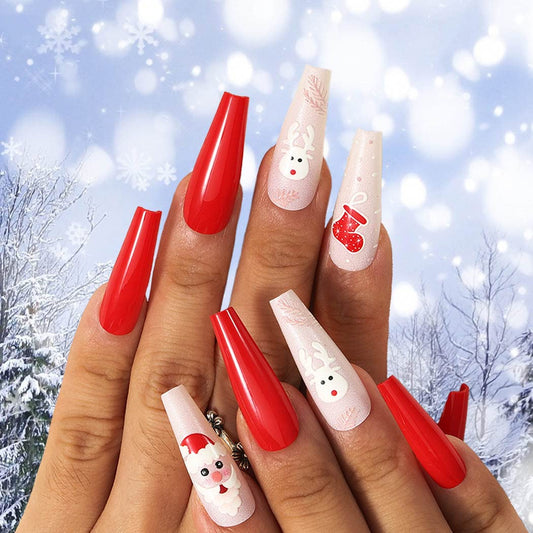 Uranian Coffin Extra Long Press on Nails Snowflake Red Christmas Fake Nails Elk Ballerina Glossy Full Cover False Nails Santa Claus Acrylic Nails Tips for Women and Girls 30 PCS (Pattern-D)