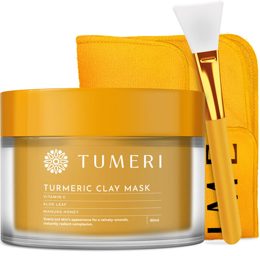 TUMERI Turmeric Clay Mask for Facial Skin Care – Turmeric with Vitamin C Clay Mask with Manuka Honey 2 oz – Facial Mask for Dark Spots, Scarring and Cleansing with Face Mask Brush Applicator & Towel