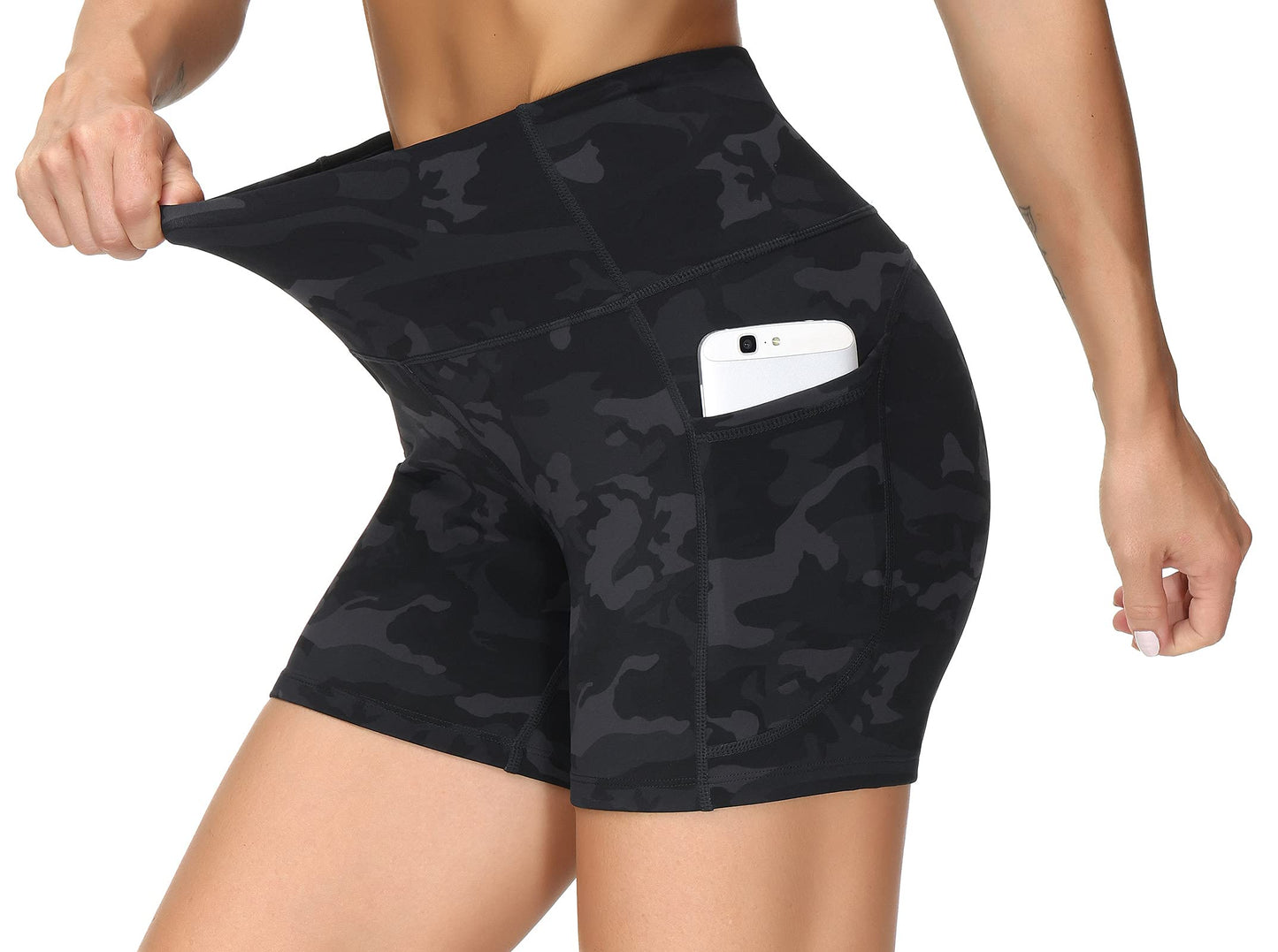 THE GYM PEOPLE High Waist Yoga Shorts for Women Tummy Control Fitness Athletic Workout Running Shorts with Deep Pockets (Small, Black Camo)