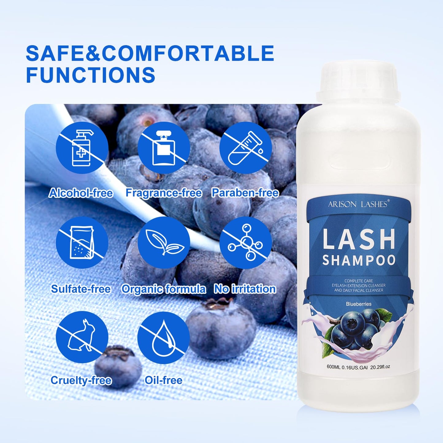 Arison Eyelash Eyelash Extension Shampoo 600ml / Eyelid Foaming Cleanser/Wash for Extensions and Natural Lashes/Paraben & Sulfate Free Safe Makeup & / Professional & Self Use (Blueberry)