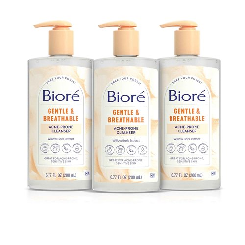 Biore Gentle & Breathable Acne Face Wash, Gentle Face Cleanser for Sensitive and Acne Prone Skin, Infused with Willow Bark Extract to Clarify Skin, Fragrance Free, 6.77 Oz , Pack of 3