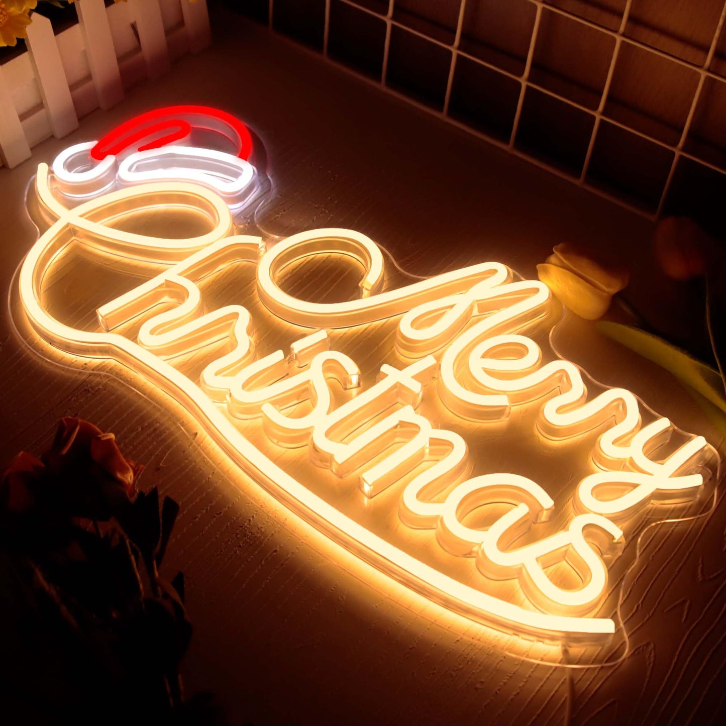 Allball Merry Christmas Neon Signs for Wall Decor, LED Christmas Hat LED Sign, USB Powered Dimmable Switch for Indoor Party Kids Bedroom Wedding Bar Pub Club Birthday Party Gift(16.8 * 8.2in)