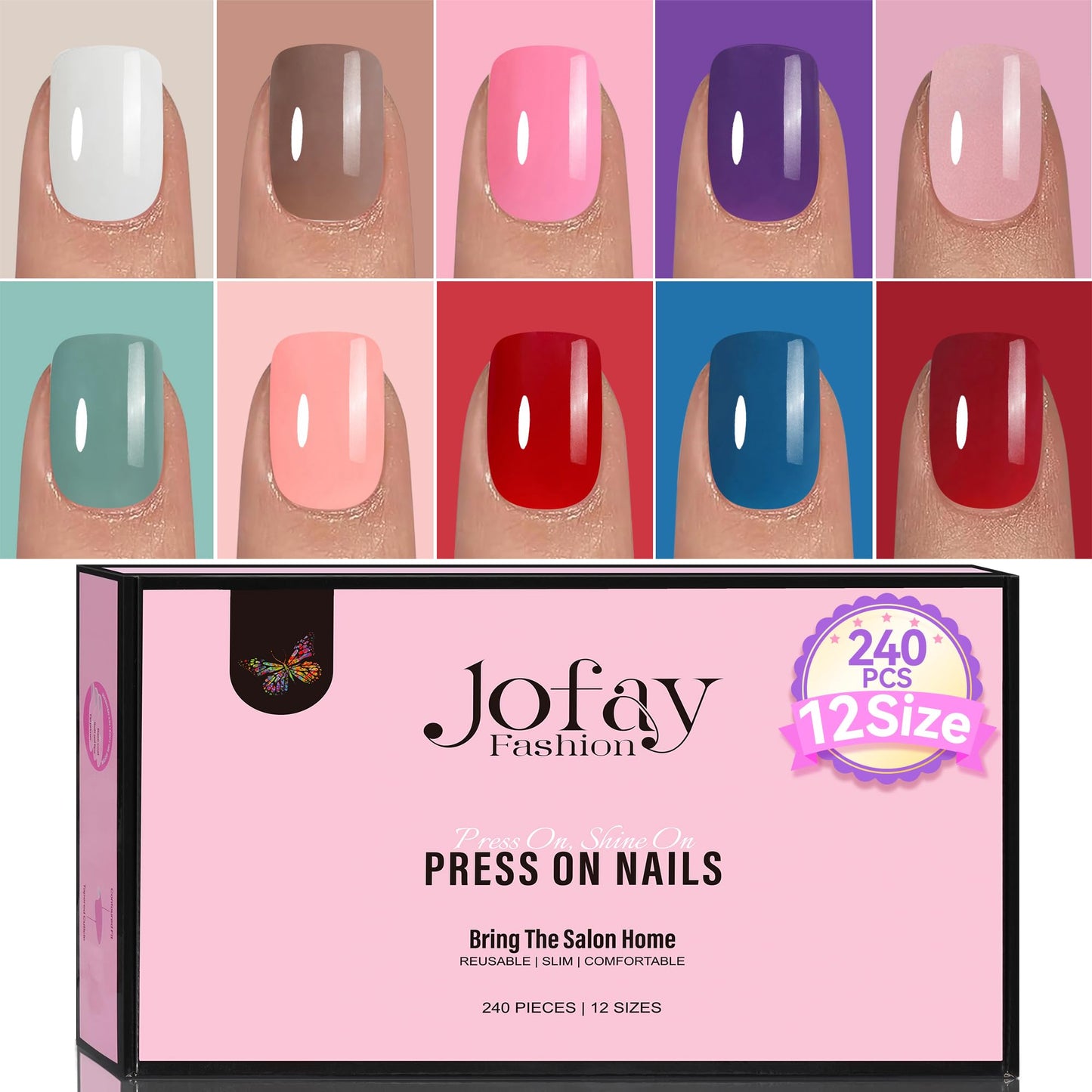 Jofay Fashion Nails Tips 240pcs Short Press On Nails Kit - Acrylic Fake Nails with Glue | Square Glossy Stick on Nails, Natural | Gel UV Finish Artificial False Nails - Static, Cute Glue on nails