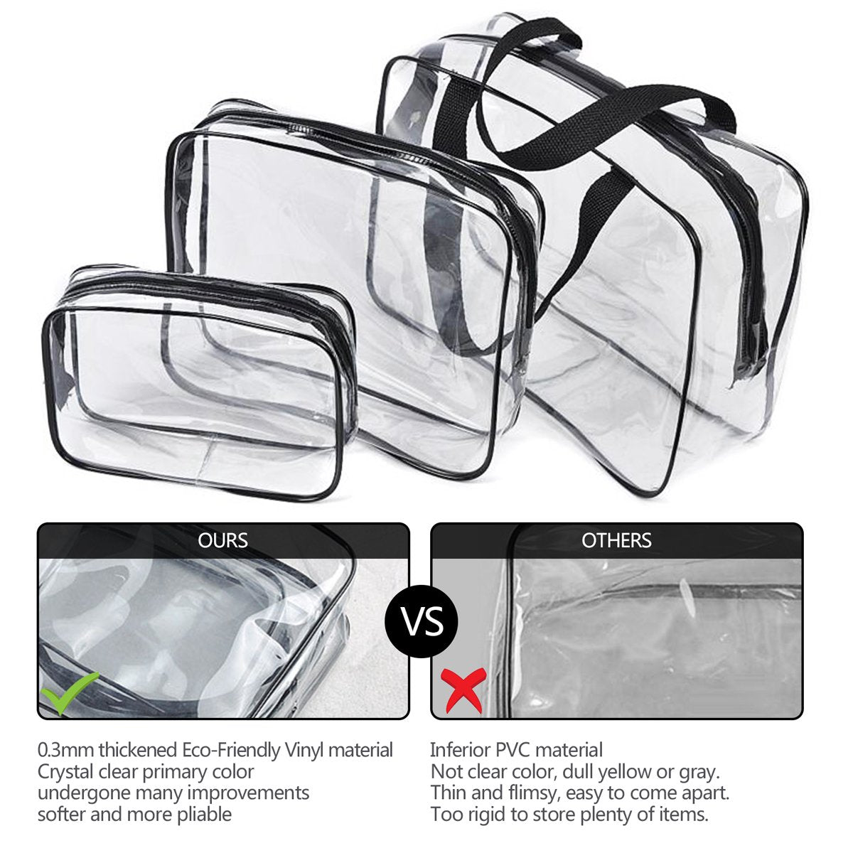 3Pcs Crystal Clear PVC Travel Toiletry Bag Kit for Women Men, Waterproof Vinyl Organizer Makeup Bags with Zipper Handle Straps, Cosmetic Bag Pouch Carry on Airport Airline Compliant Bag Handbag