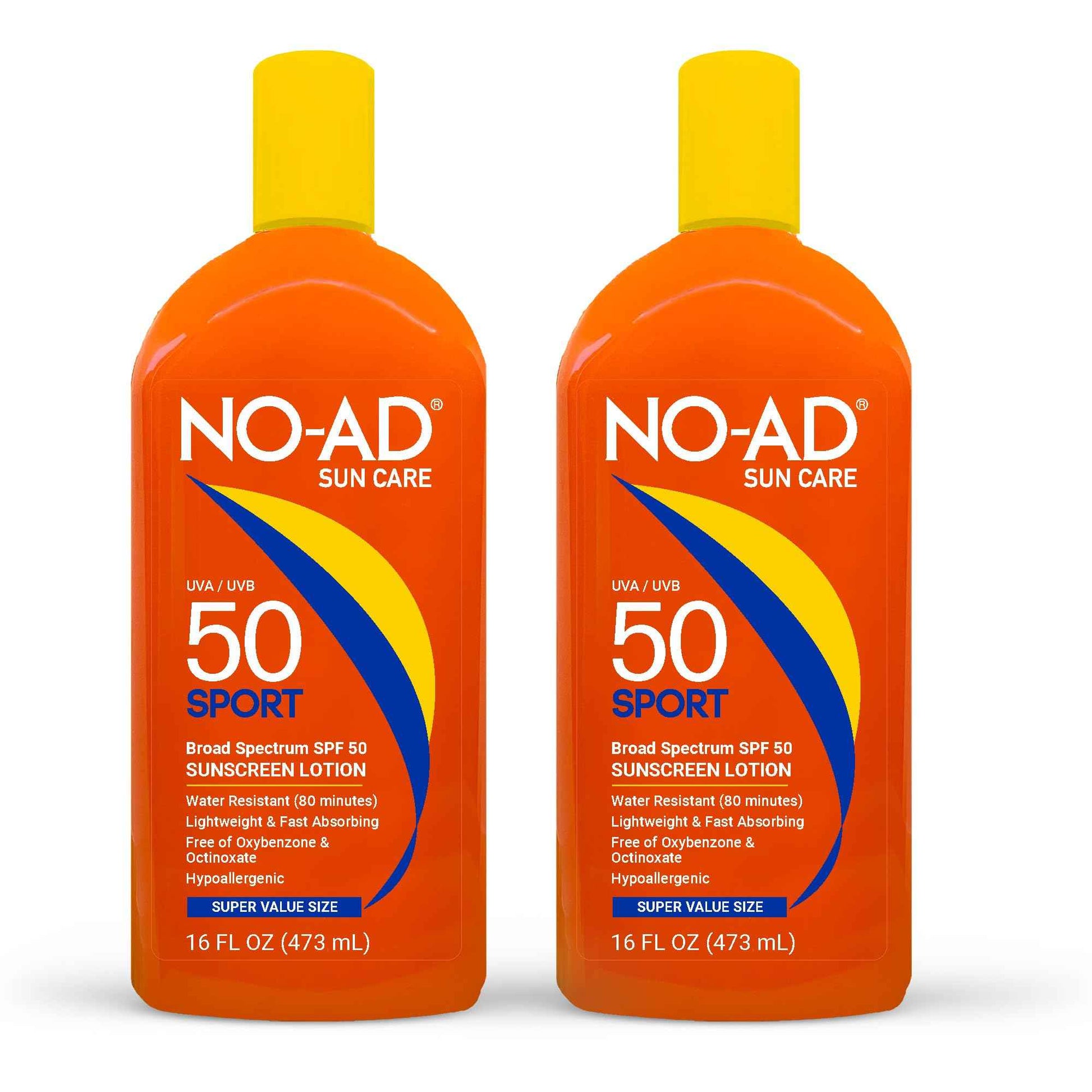 NO-AD SPF 50 SPORT Sunscreen Lotion | Hypoallergenic | Broad Spectrum UVA/UVB Protection | Water Resistant | Octinoxate & Oxybenzone Free with moisturizing Vitamin E and Aloe 16oz | Pack of 2