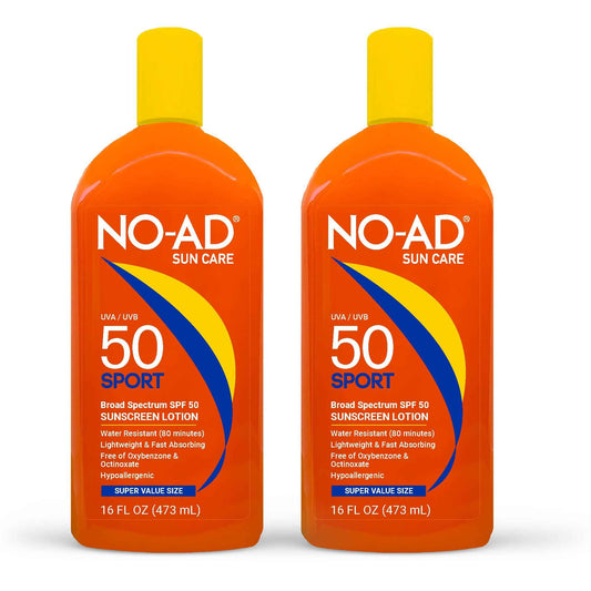 NO-AD SPF 50 SPORT Sunscreen Lotion | Hypoallergenic | Broad Spectrum UVA/UVB Protection | Water Resistant | Octinoxate & Oxybenzone Free with moisturizing Vitamin E and Aloe 16oz | Pack of 2