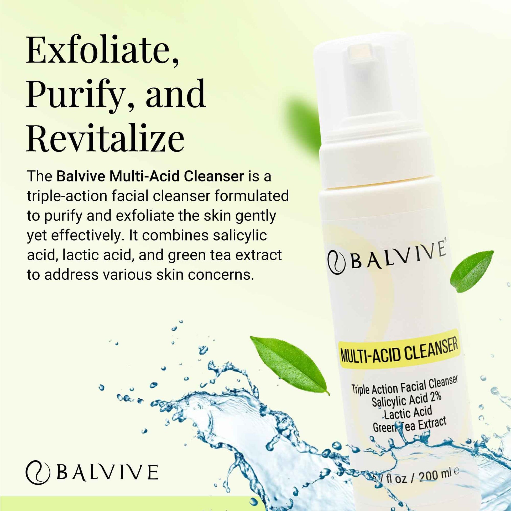 BALVIVE Foaming Facial Cleanser with Salicylic Acid, Glycolic Acid & Lactic Acid & Green Tea Extract– Face Wash for Acne, Oily & Sensitive Skin – Makeup Remover & Pore-Cleansing Skincare 6.7 fl oz