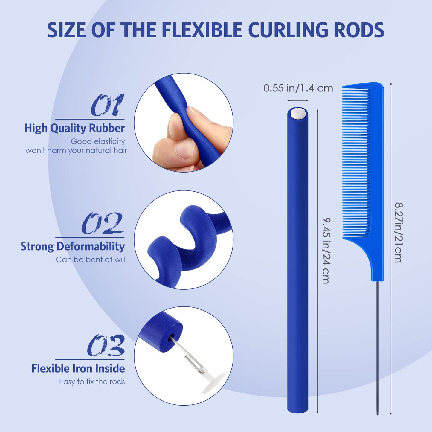 Syhood 30 Pcs Flexible Curling Rods 9.45" Twist Foam Hair Rollers Soft Foam No Heat Hair Rods Rollers and 1 Steel Pintail Comb Rat Tail Comb for Women Long Short Hair(Dark Blue,9.45 x 0.55 Inch)