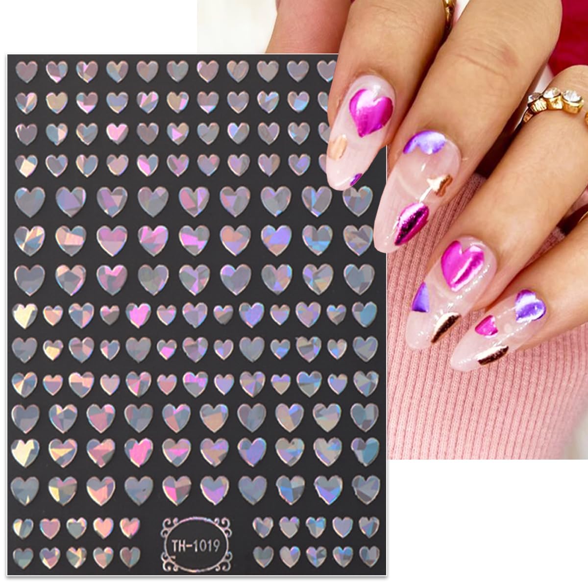 6 Sheets Valentine's Day Nail Art Stickers Heart Nail Stickers Self-Adhesive Metal Gold Silver Pink Bronzing Heart Charm Nail Stickers for Acrylic Nail Tips Design False Nail Supplies for Women