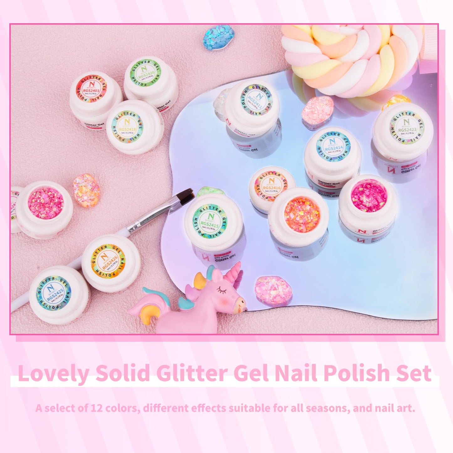 noirwhite Glitter Gel Nail Polish Set -12 Colors Sparkle Sequins Gel Polish Resplendent Colorful Trendy Translucent Glitter Solid Gel Nail Polish Kit Soak Off UV LED for Home DIY Salon with Brush