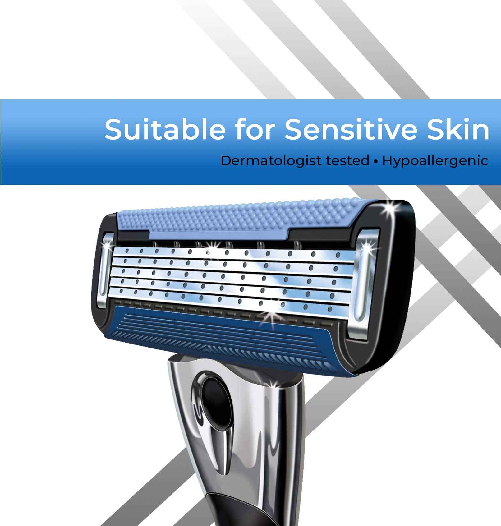 Personna Men's 5 Blade Razor with Bulk Pack of 12 Replacement Razor Cartridges and Shaving Razor Handle (Silver)