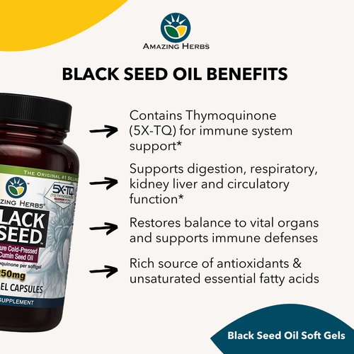 Amazing Herbs Premium Black Seed Oil Capsules - High Potency, Cold Pressed Nigella Sativa Aids in Digestive Health, Immune Support & Brain Function - 60 Count, 1250mg